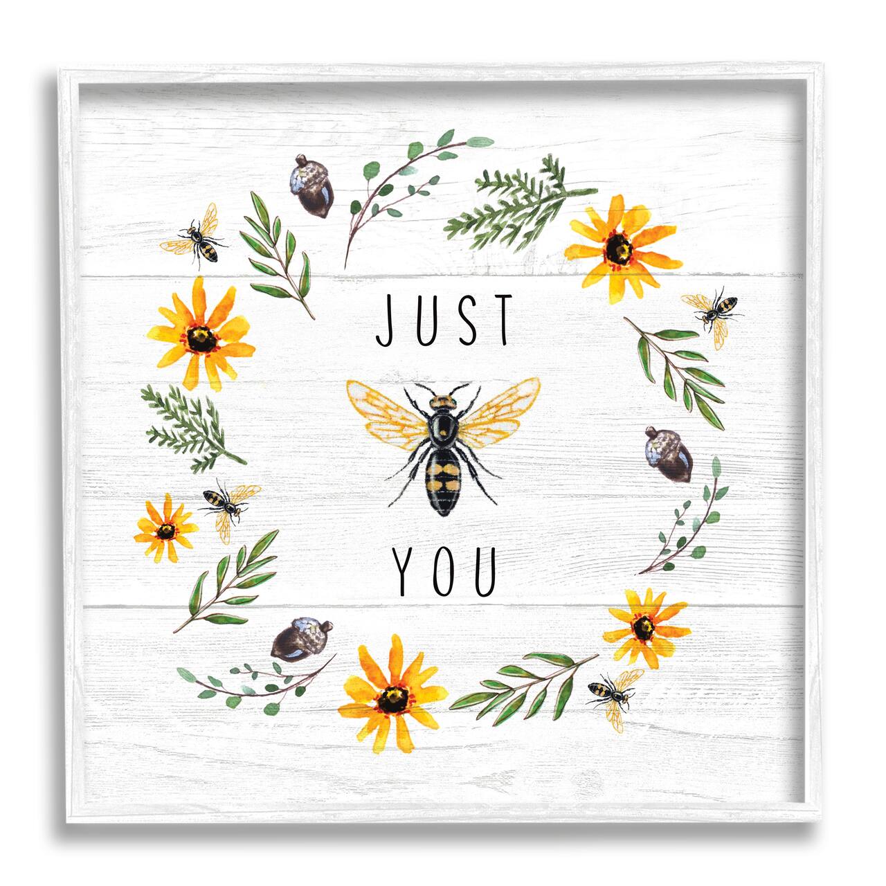 Stupell Industries Just Bee You Pun Phrase Yellow Daisy Wreath in White Frame Wall Art